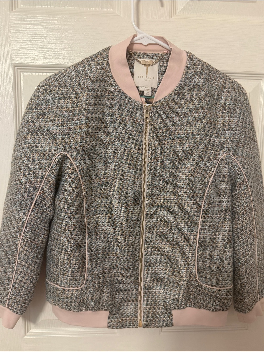 Ted Baker Gray Tweed Bomber Jacket with Pink Trim
